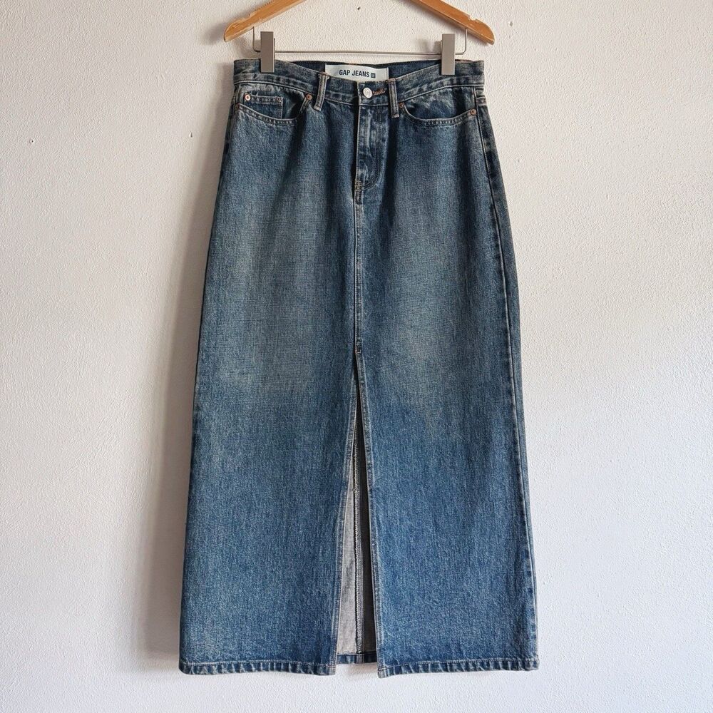 y2k vintage low rise denim maxi skirt